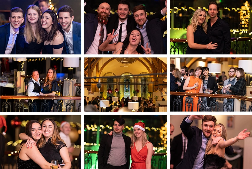 A photo collage of events and people from the christmas party