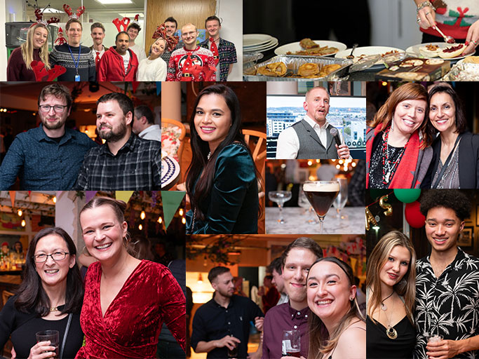 A photo collage of events and people from the christmas party