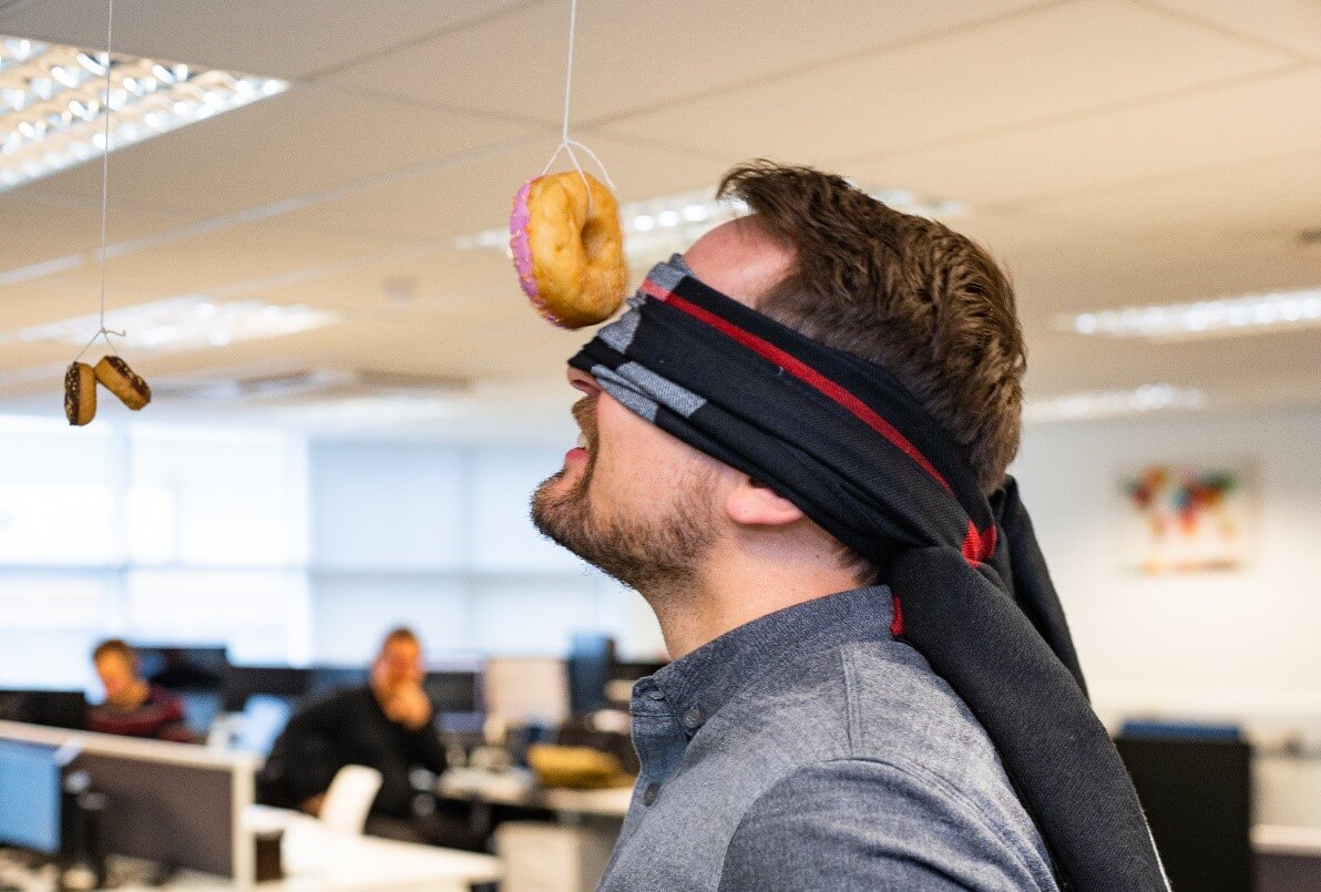 Juraj Blindfolded for the Doughnut Dangle