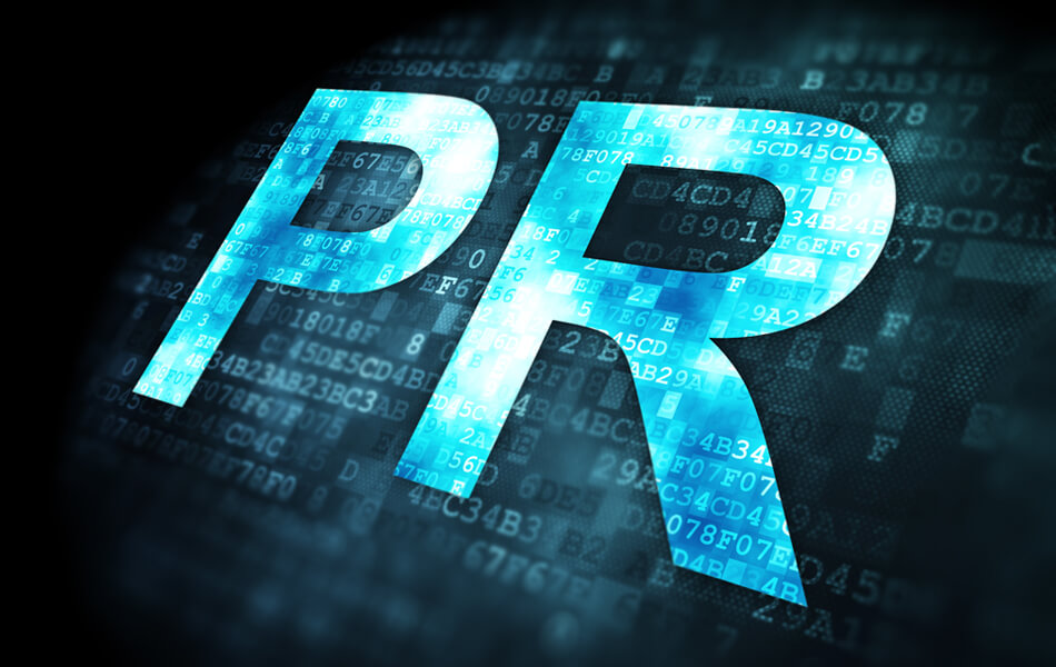 an abstract interpretation of digital PR with the initials ‘PR’ overlaid on top of a computer screen showing binary code