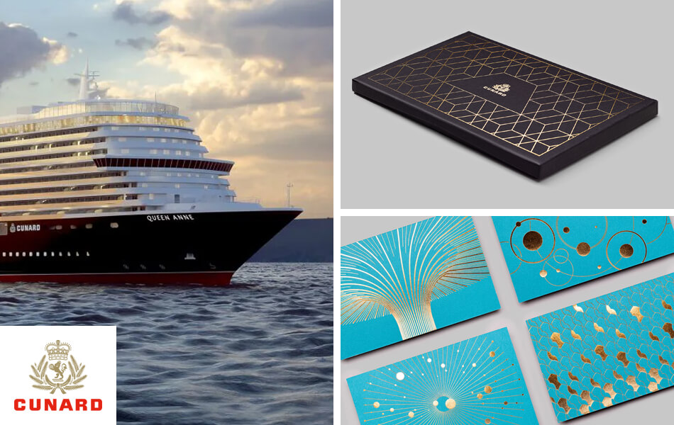 a compilation of photos of Cunard's new ship; Queen Anne, and the marketing materials produced by Armadillo CRM specialists