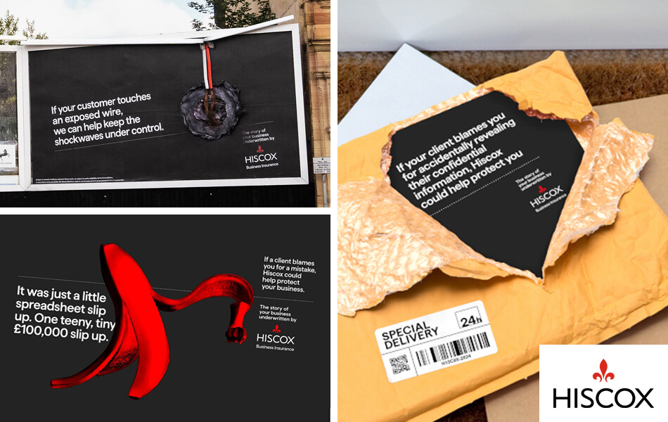 a compilation of photos of Hiscox Insurance's print campaign, produced by Uncommon Creative Studio